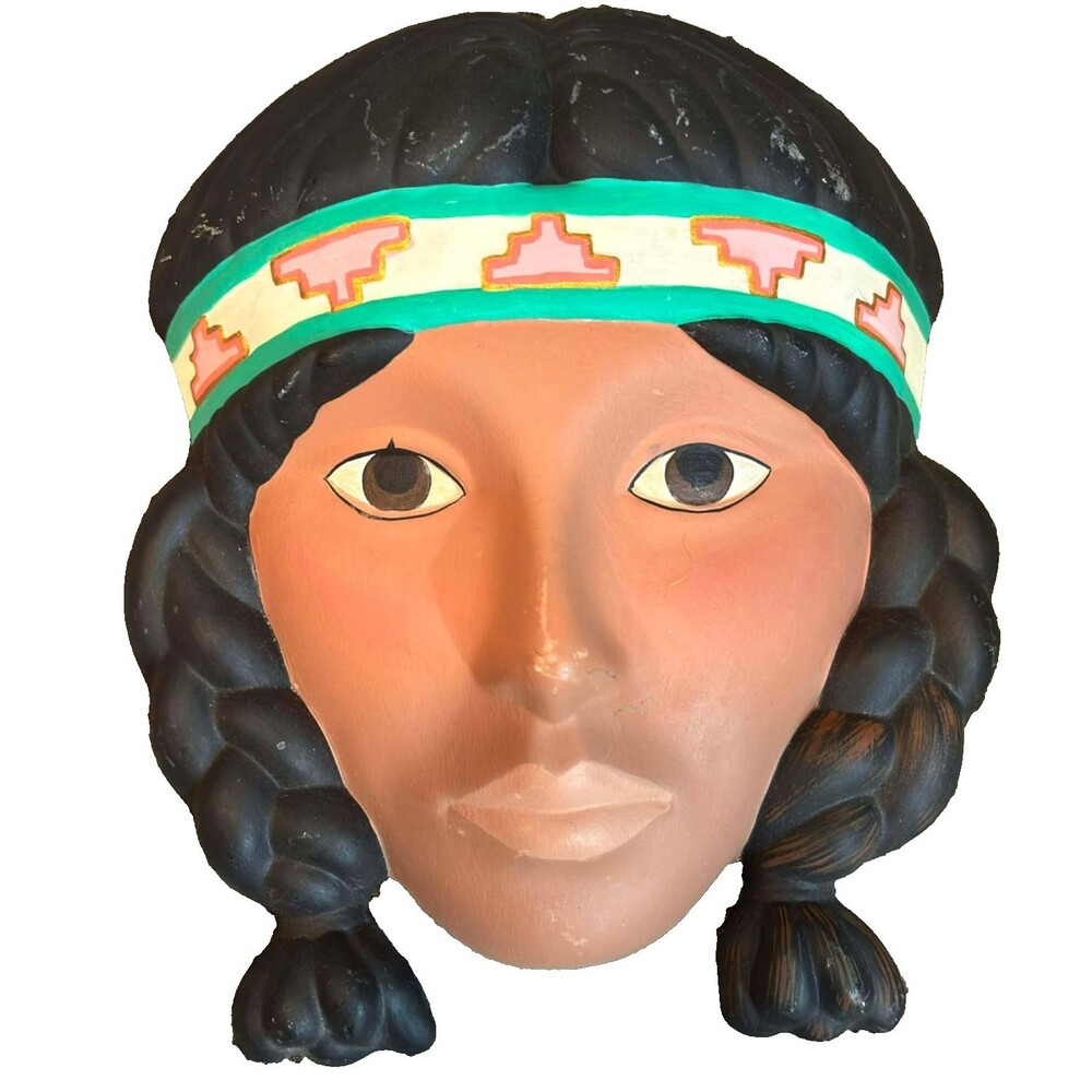 Vintage Native American Woman Wall Mask – 3D Ceramic Pottery – Hand Painted